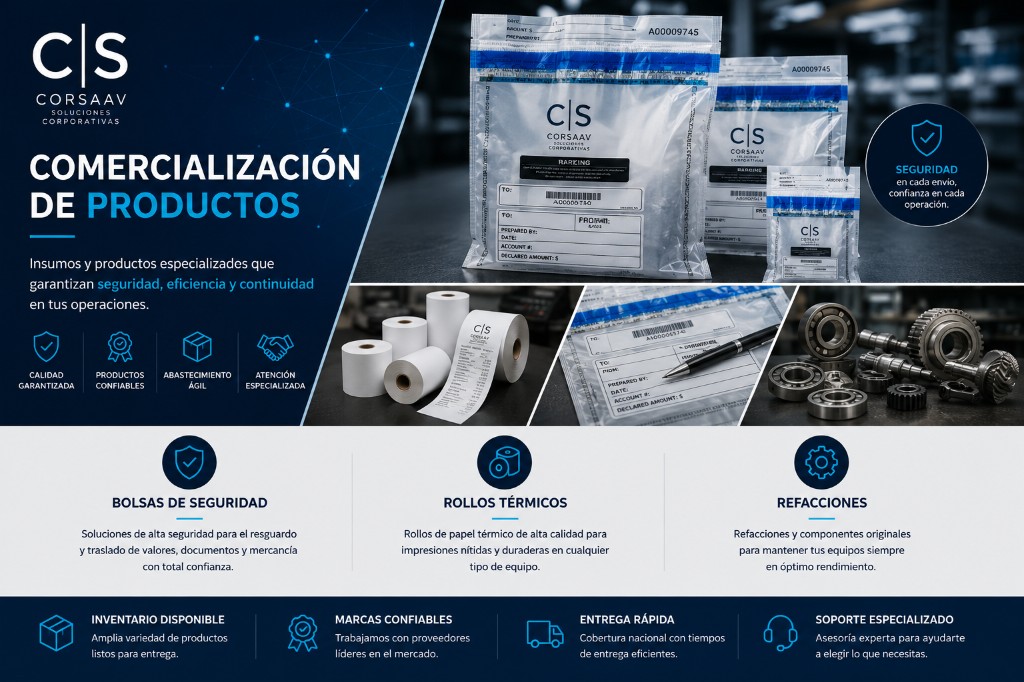 Comercialización: bolsas de seguridad, rollos térmicos y refacciones.