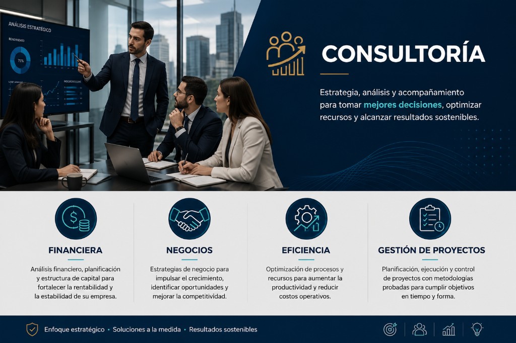 Consultoría financiera, negocios, eficiencia y gestión de proyectos.