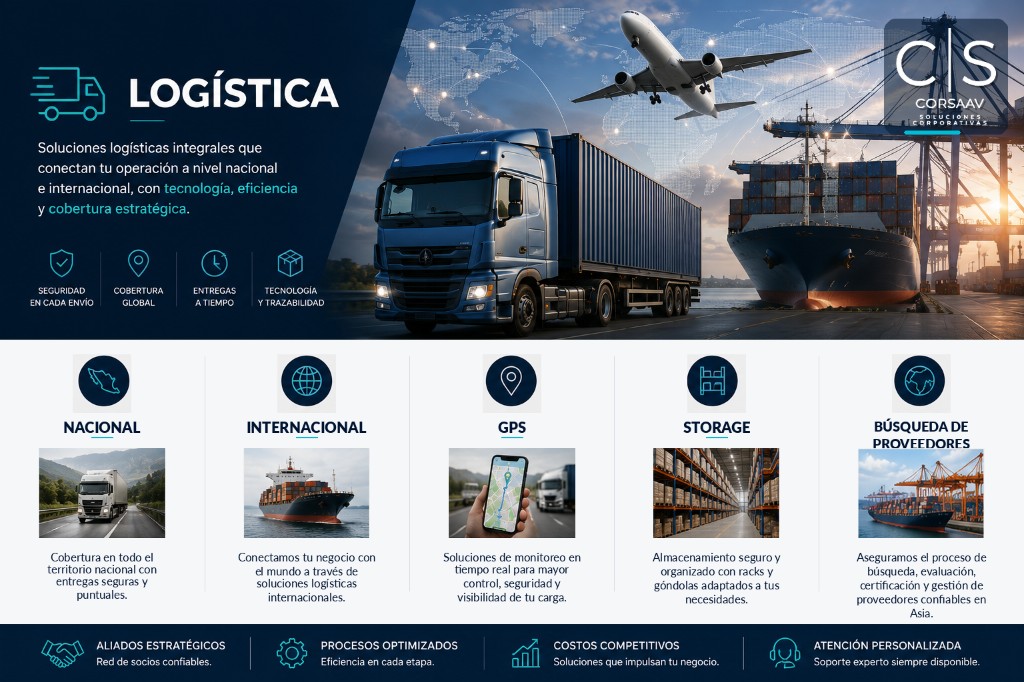 Logística integral CORSAAV: cobertura nacional e internacional, GPS, storage y sourcing en Asia.